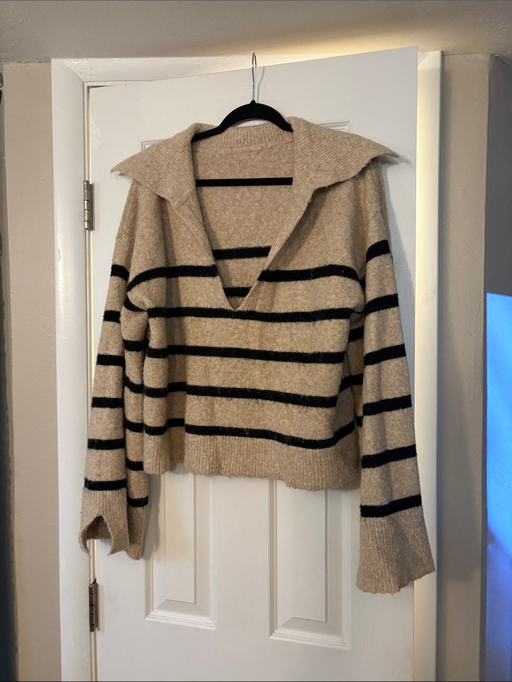 Commense Beige and Black Striped V-Neck Sweater